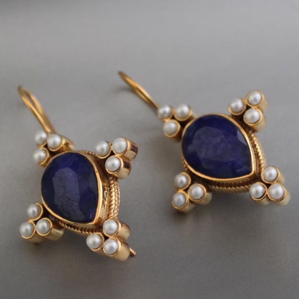 Art Deco, Gold and Blue, Pearl Drop Victorian, Edwardian Earrings